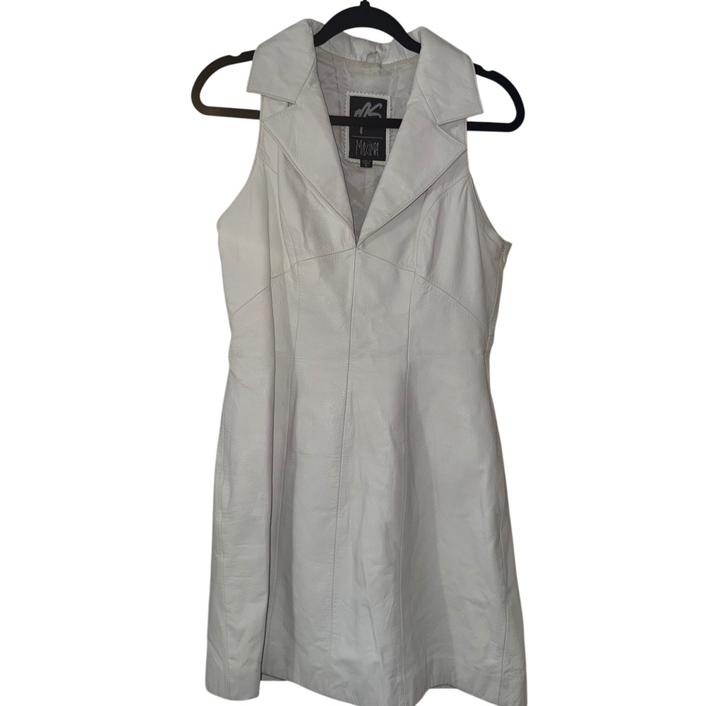 Vintage Maxima Womens White Leather Mini Dress Sleeveless Notched Lapel Size 6